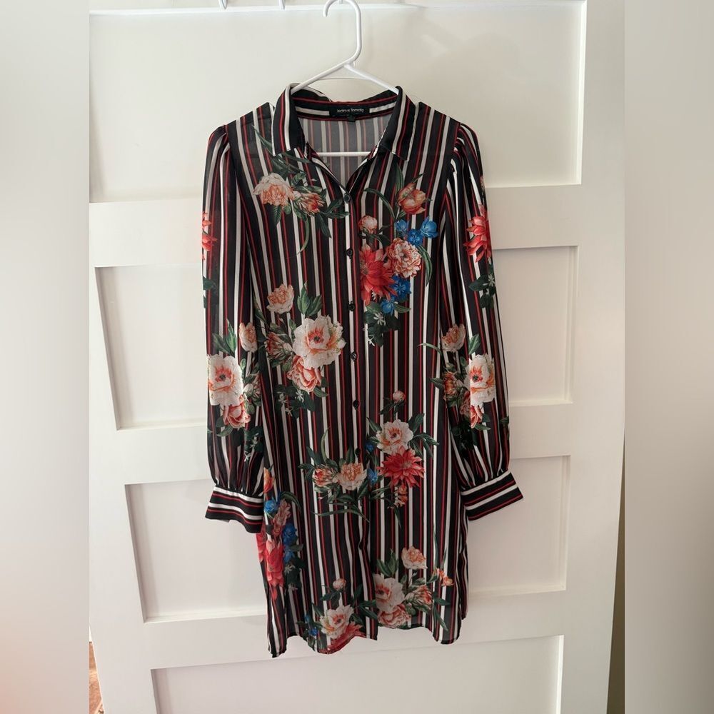 Copy Jealous Tomato Red and Black Striped button down Top Dress or Duster